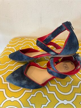 Gianni Bini Denim-Look Pointed-Toe Flats with Red Trim
